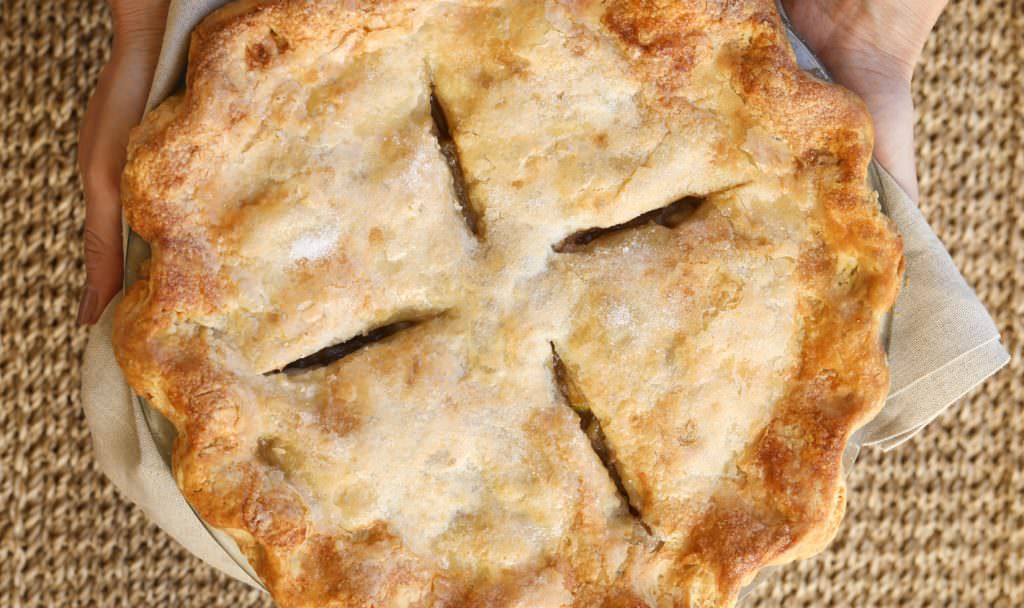 How to Make Flaky Pie Crust Overhead view of a finished flaky apple pie crust