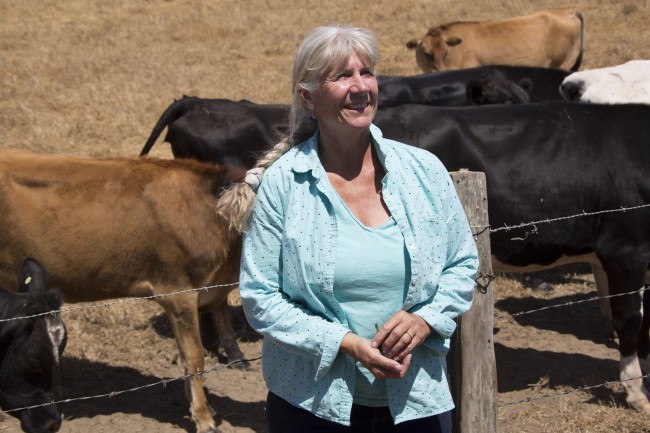 a woman smiling for picture with a background of cows eating