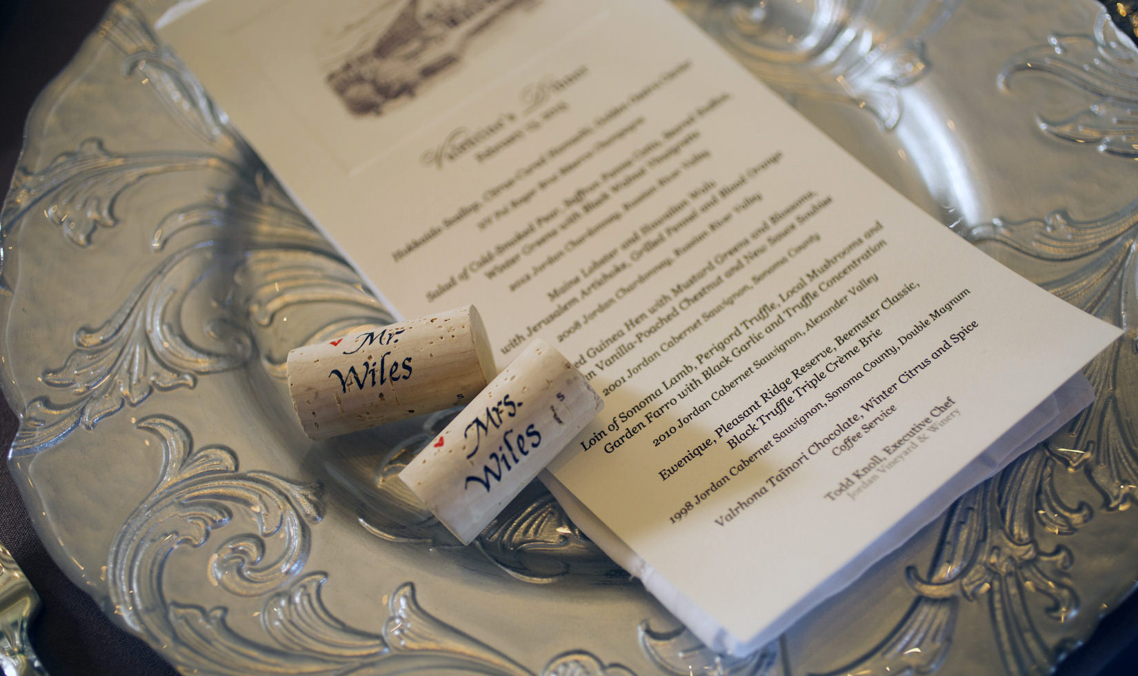 winery menu in a silver plate