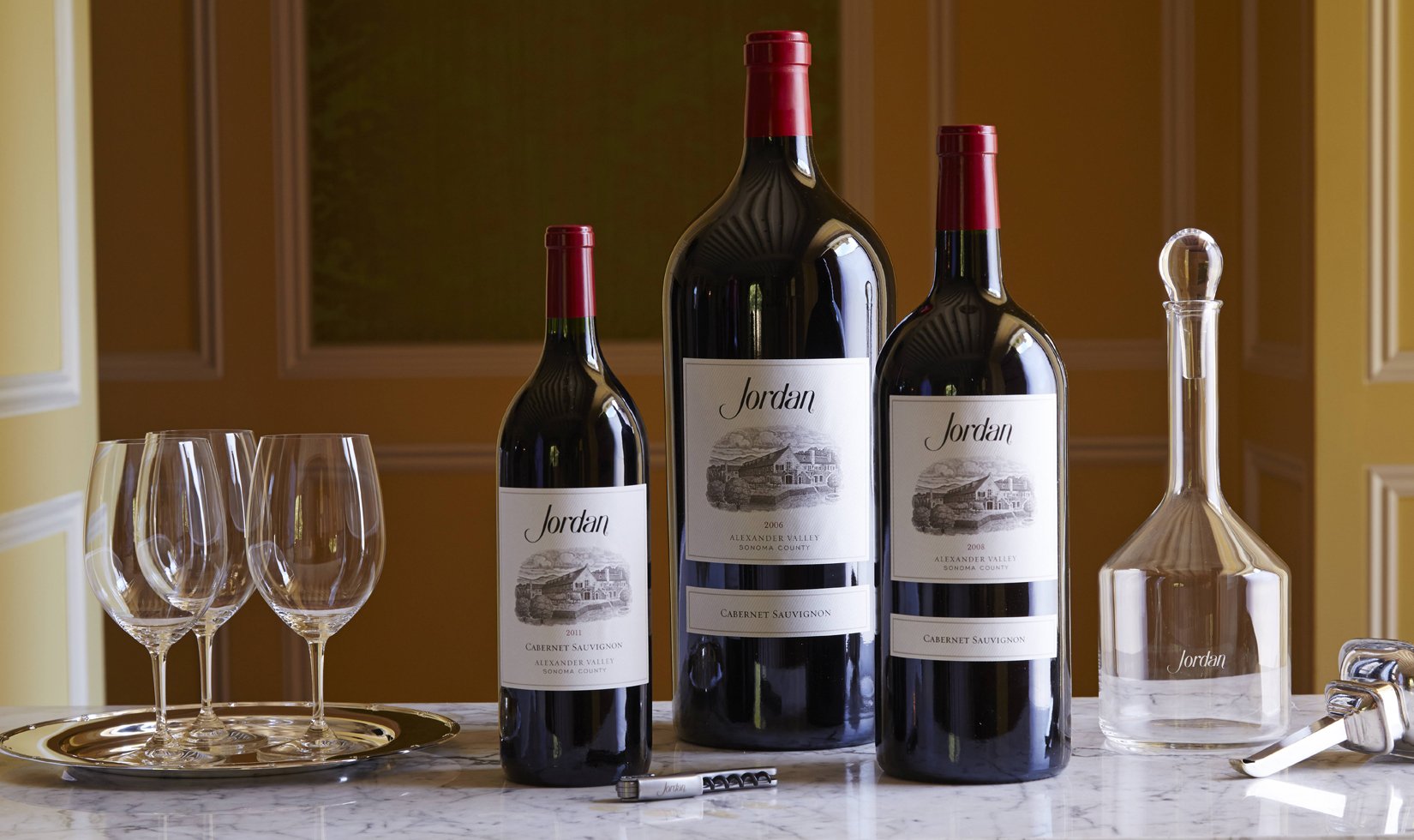Jordan Alexander Valley Cabernet Sauvignon Wines 3 different sizes of wine bottles from Jordan Winery.