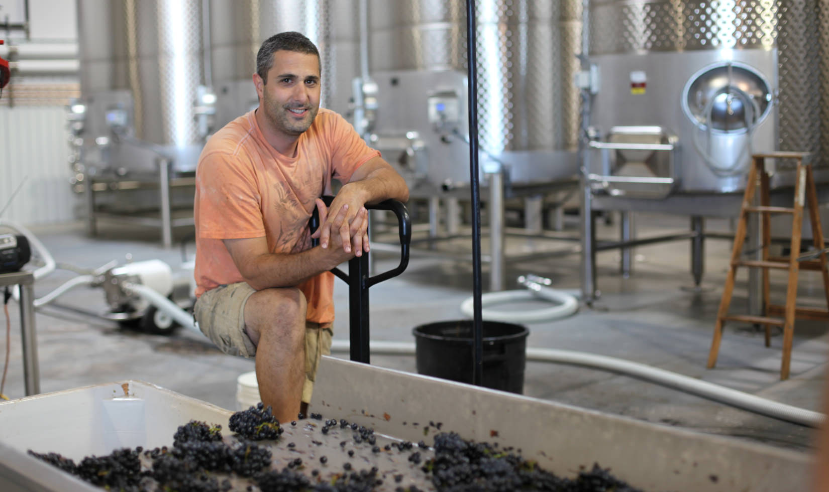 a person smiling while making wines from grapes