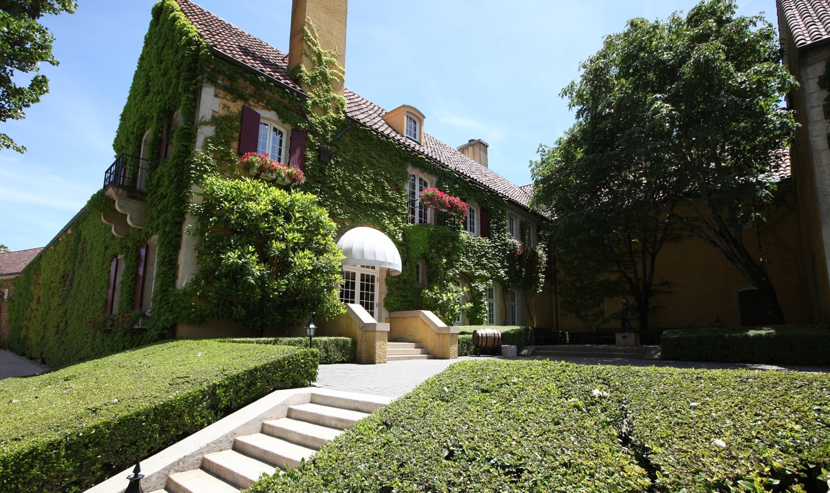 Jordan Winery chateau entrance during summer.