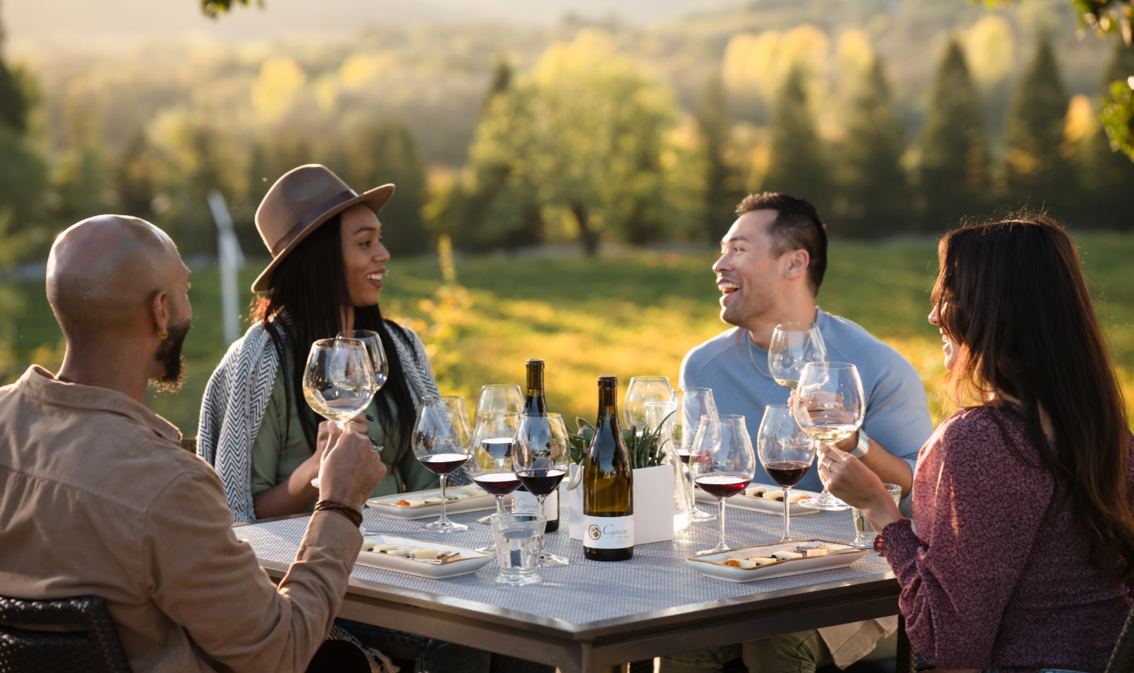 Wineries with a View in Healdsburg, Sonoma County group sitting at table with wine and cheese pairings outside by vineyard