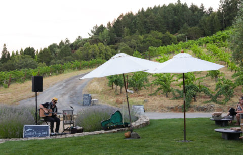 a man playing his guitar with speaker outdoor with 2 people listening