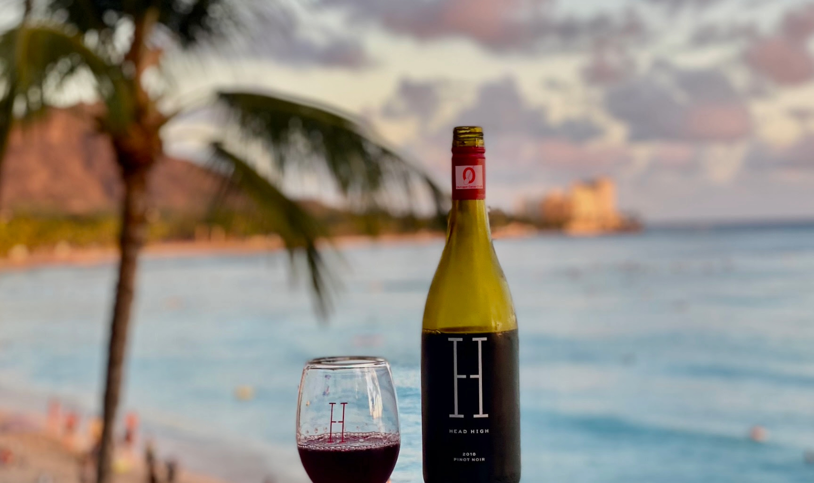 Wine Companies that Donate to Charity 4 Bottle of Head High Pinot Noir with a stemless glass with wine on a balcony railing overlooking the beach and ocean in Hawaii.