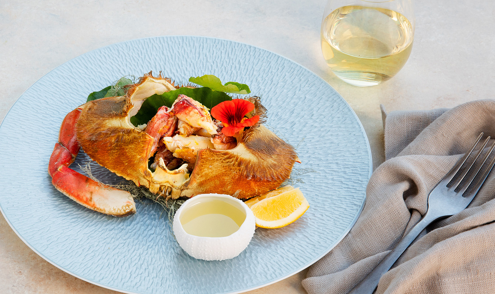 crab and drawn butter with chardonnay