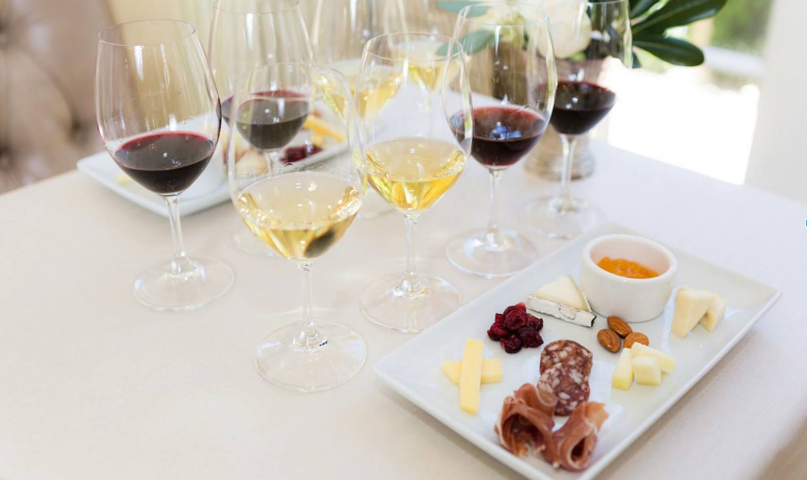 wine glasses with wine and food pairing charcuterie