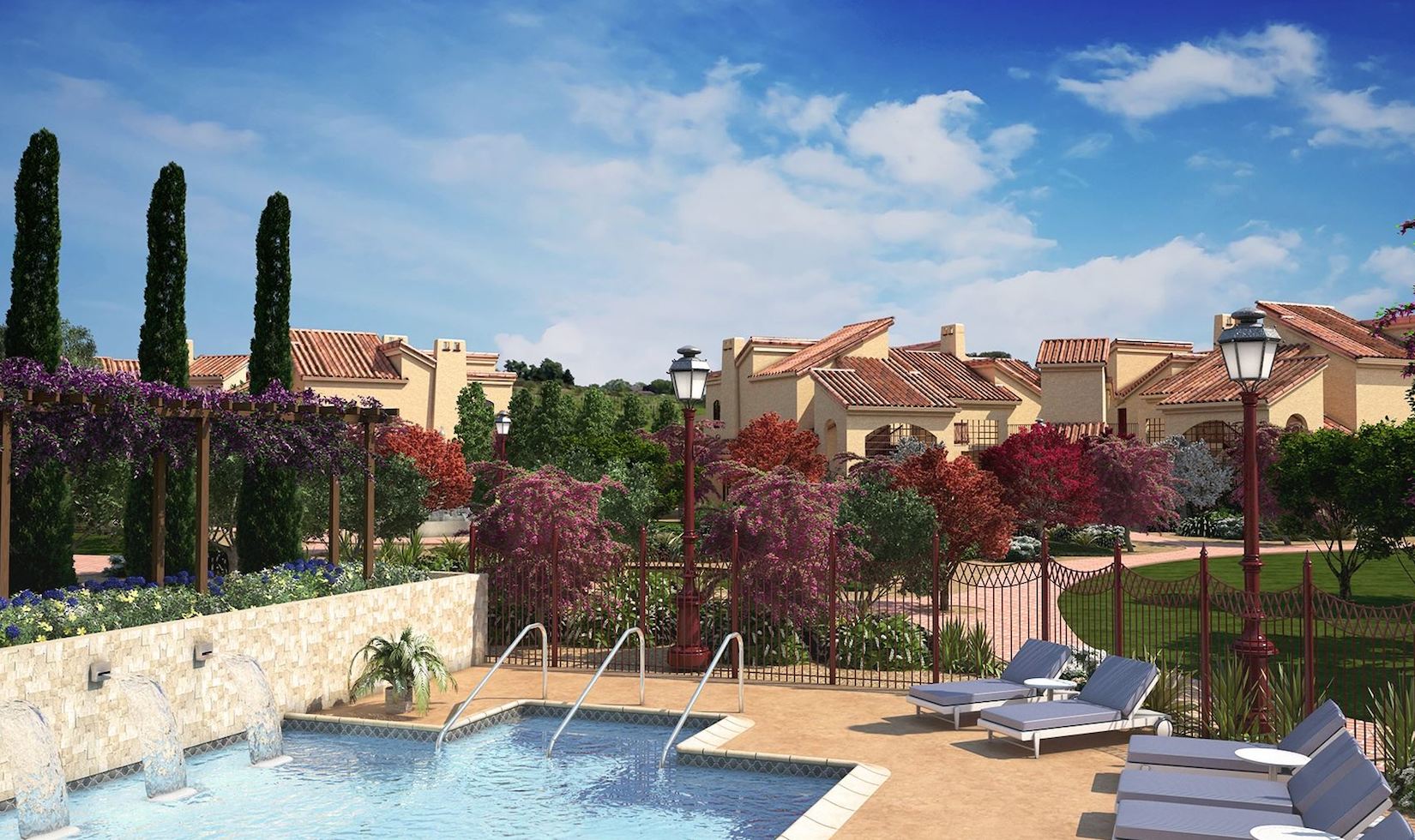 outdoor pool with blue lounge chairs