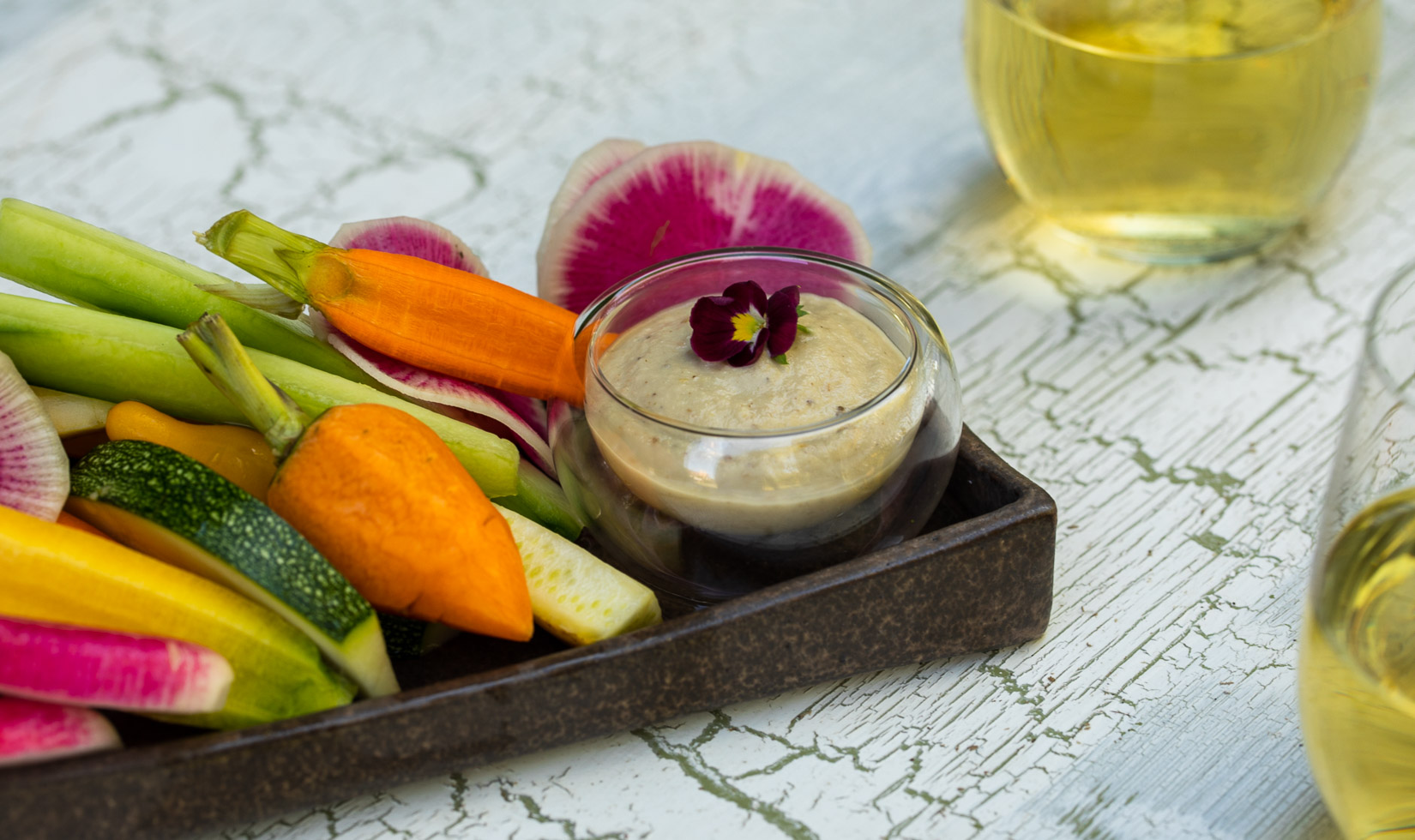 Edible Centerpieces Recipe Grilled eggplant baba ganoush on plate with crudite for edible centerpiece