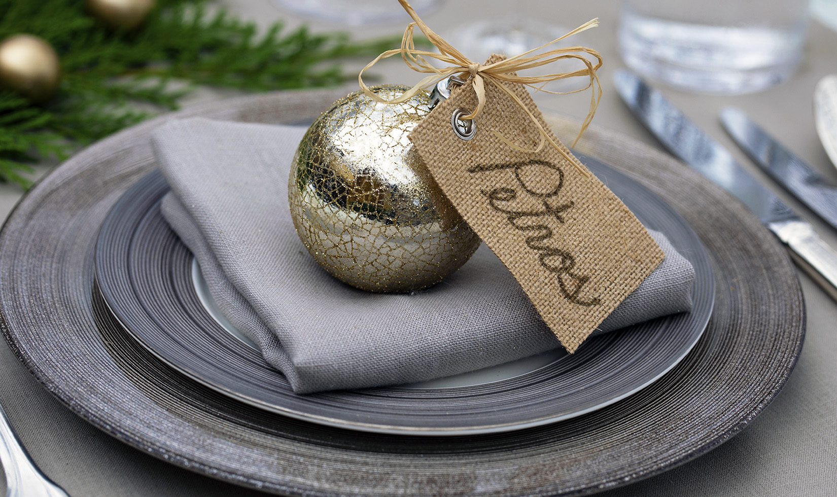 Elegant Christmas Table Setting Ideas Christmas ornament table setting on silver and gold plate