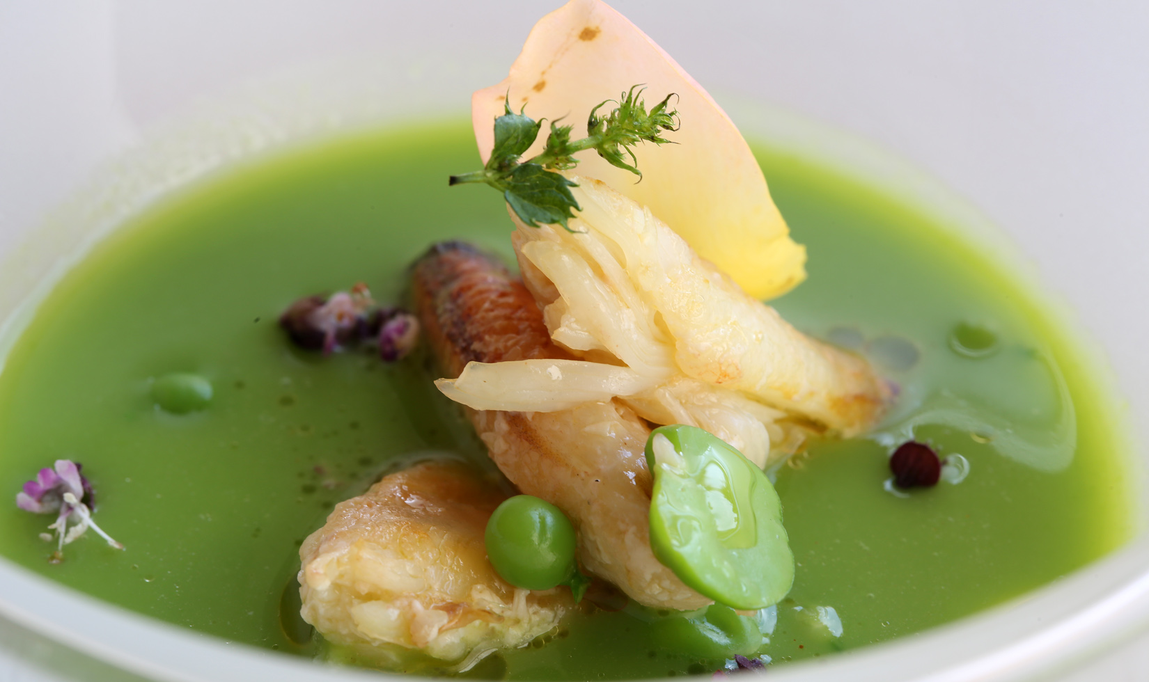 Best Dungeness Crab Recipes 5 Jordan Winery pea soup with dungeness crab in white bowl