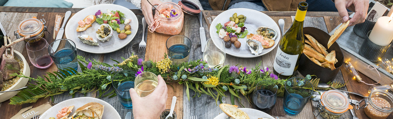 Picnic tablescape with salmon rillettes and wine