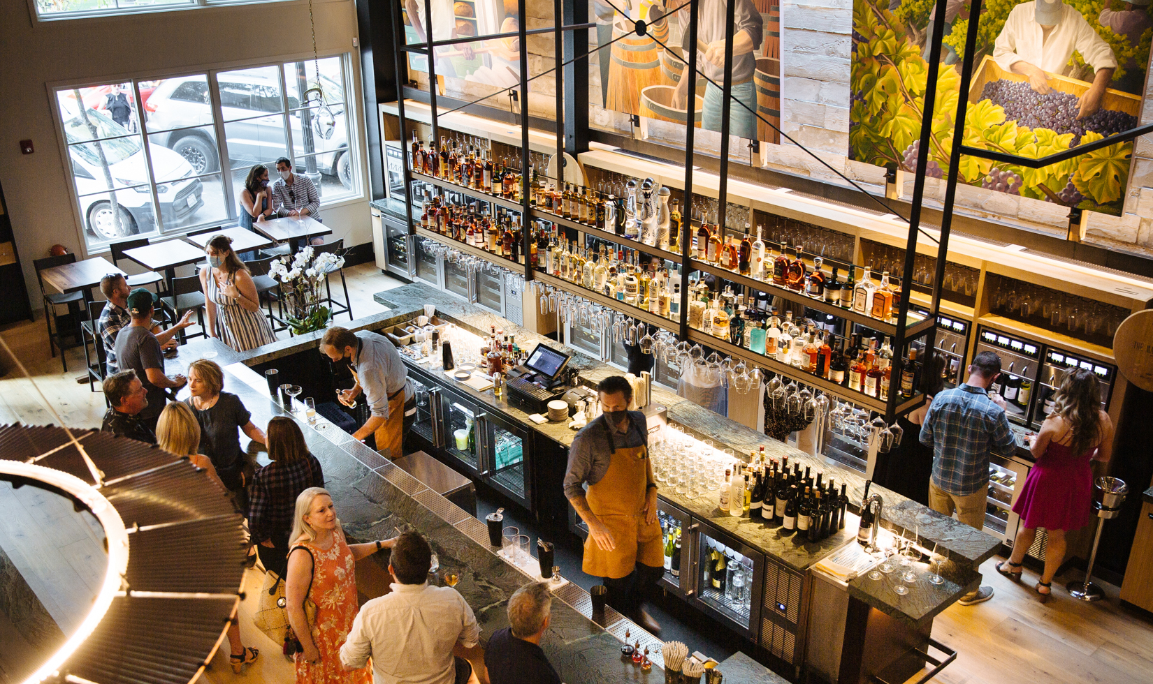 overhead photo of restaurant bar with people