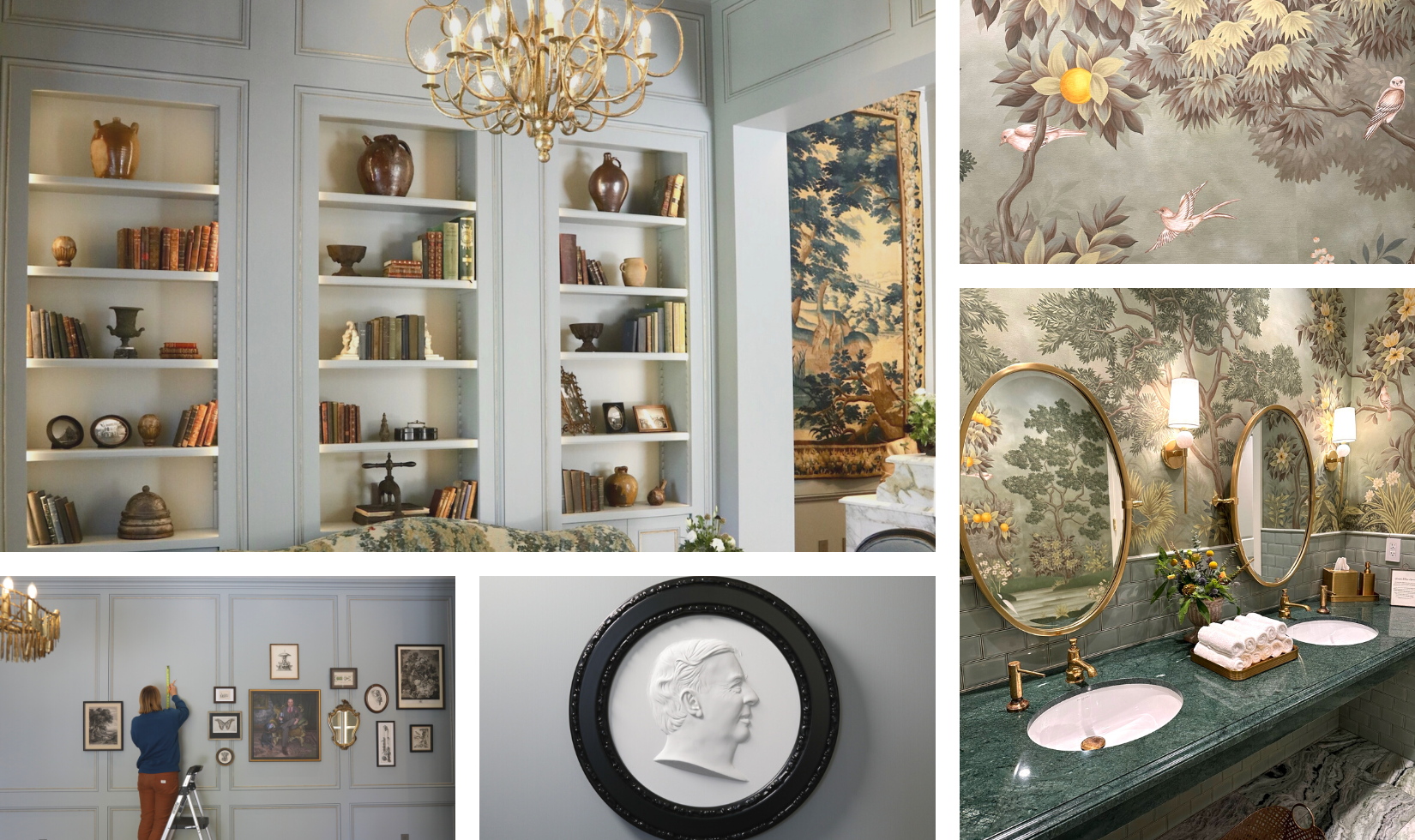 collage of photos including a winery lobby with shelving and books, an art collage of framed paintings and drawings, a bathroom with green countertops and intricate wallpaper.
