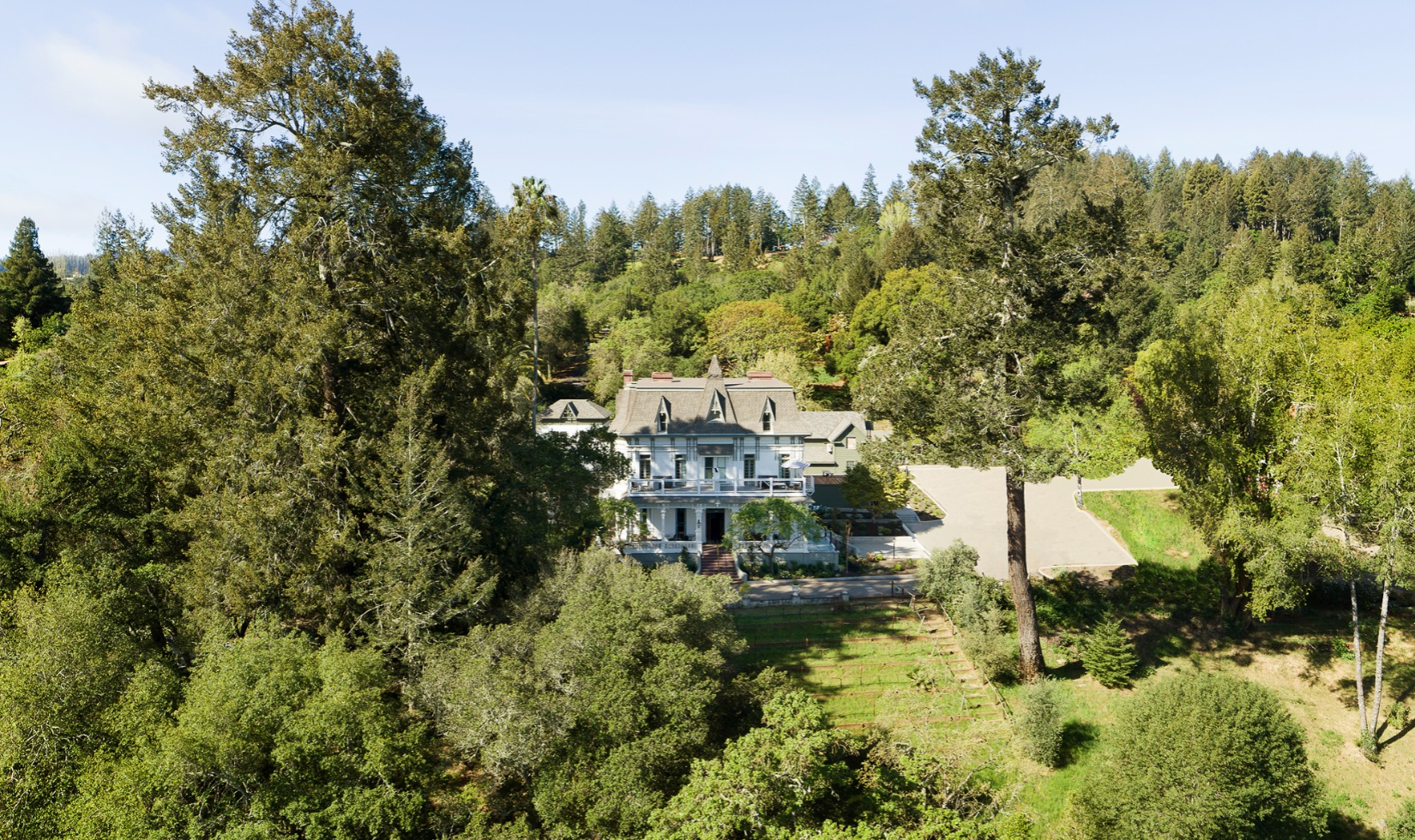 Grand estate surrounded by lush greenery and towering trees.