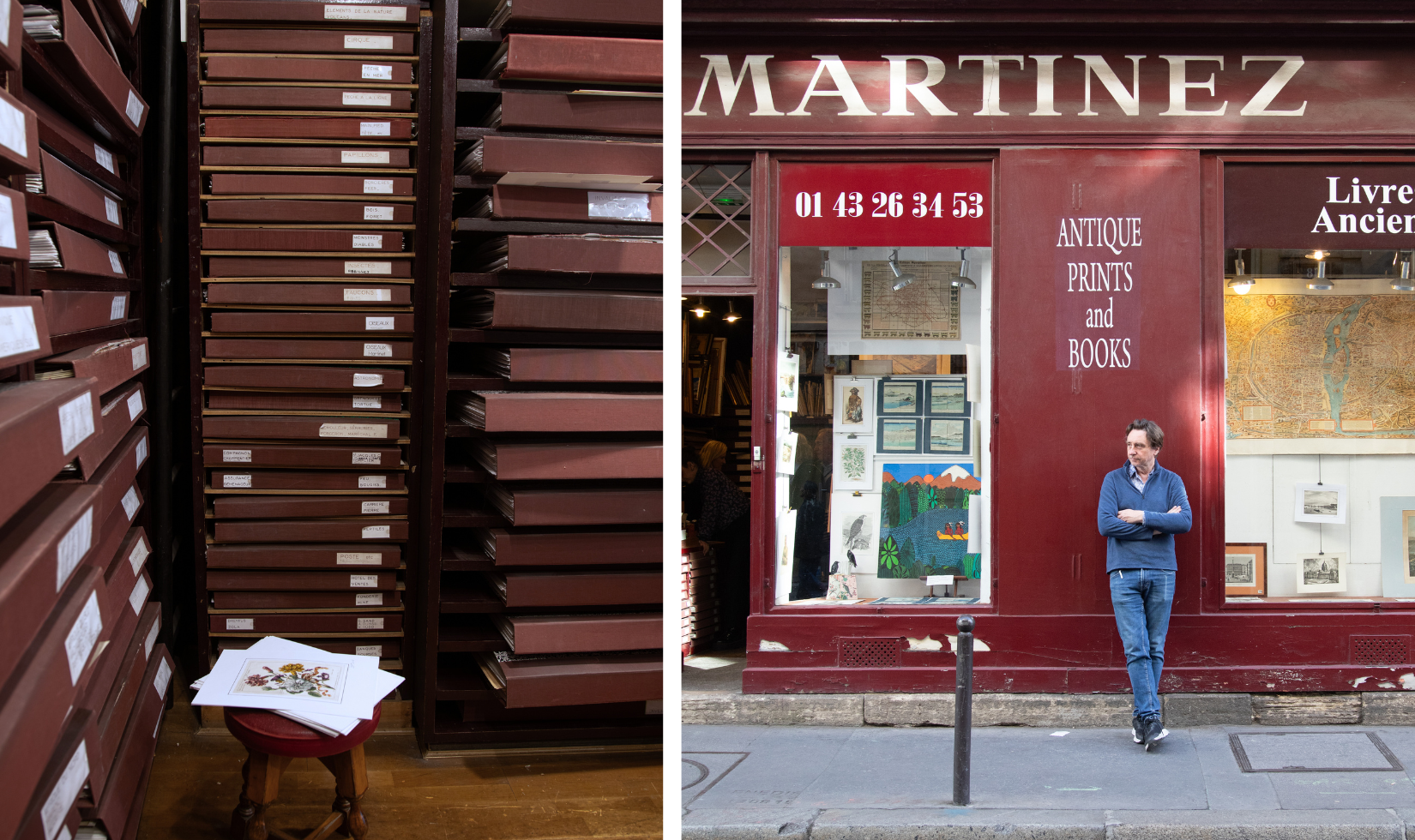 collage of two photos: on the left, a stack of folders filled with antique prints and on the right, a man standing in front of red and white art gallery.