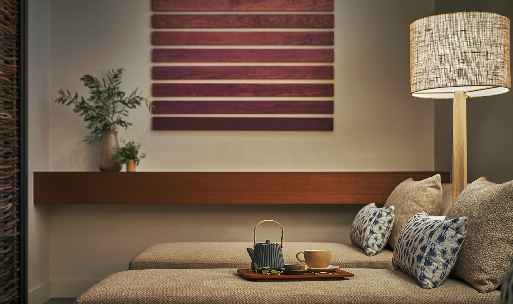 tea on spa couch in zen room